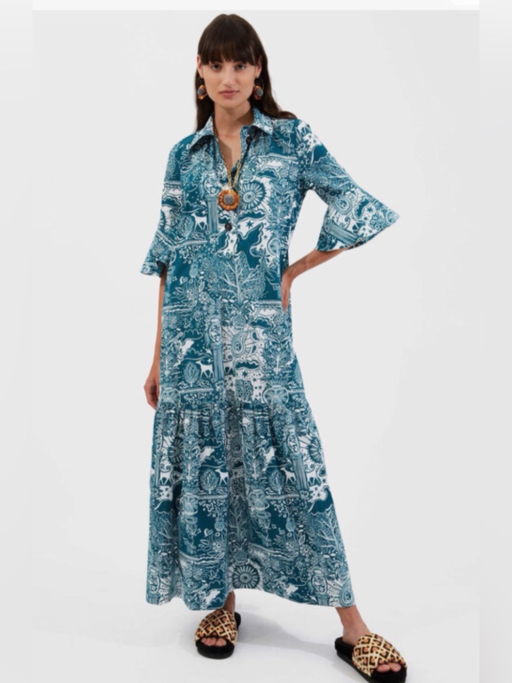 LA DoubleJ Teal and White Botanical Print Maxi Dress